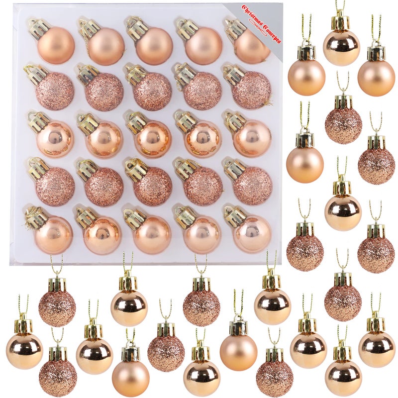 Christmas ConceptsÂ® Pack of 25-25mm Mini Christmas Tree Baubles - Shiny, Matte & Glitter Decorated Ornaments (Rose Gold) - Image 1